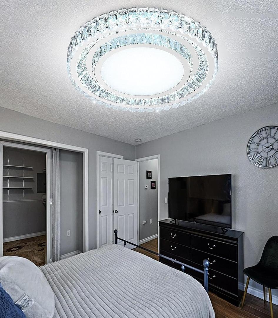 23.6" Dimmable Crystal Chandelier Modern LED Flush Mount Ceiling Light Fixtures for Living Room Bedroom Hallway Kitchen Island Staircase Silver