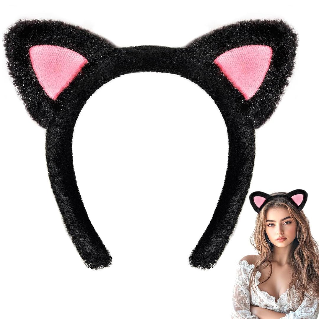 Parma77 Cat Ears Headband, Plush Soft Black Cat Ears Halloween Cosplay Headband Costume Accessories for Makeup, Shower