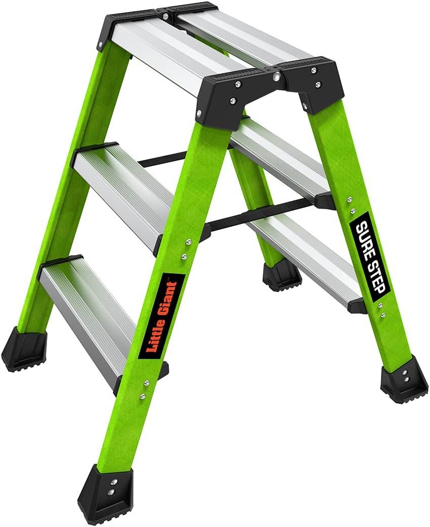 Little Giant Ladders, Sure Step, 3-Step, Double-Sided Step Stool, Fiberglass, (11953), Type 1AA, 375 lbs Weight Rating, Hi-viz Green