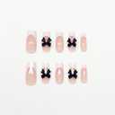 4 x 24 Pcs Pearl Shine Medium Square Fake Nails with Bow Designs, French Tip Glue On Nails, Reusable Black Bows, Full Cover Nude Artificial Nails for Women & Girls