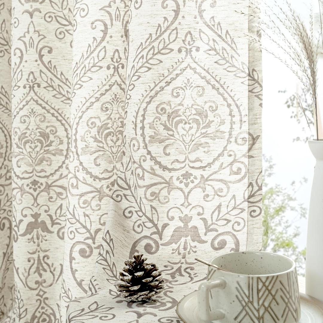 LAMIT Linen Curtains for Living Room 84 Inch Length 2 Panels Set, Vintage Damask Printed Linen Curtains Grommet Light Filtering Window Drapes for Bedroom/Farmhouse, Taupe, Each 52 x 84 Inch