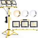 31000 Lumen LED Work Lights with Stand, Portable 3 Head Work Lights with Individual Switch (3000K/5000K/6500K Select) & 16.5FT Cord, IP66 Waterproof Foldable Tripod Stand Worklights for Outdoor Indoor (Yellow)
