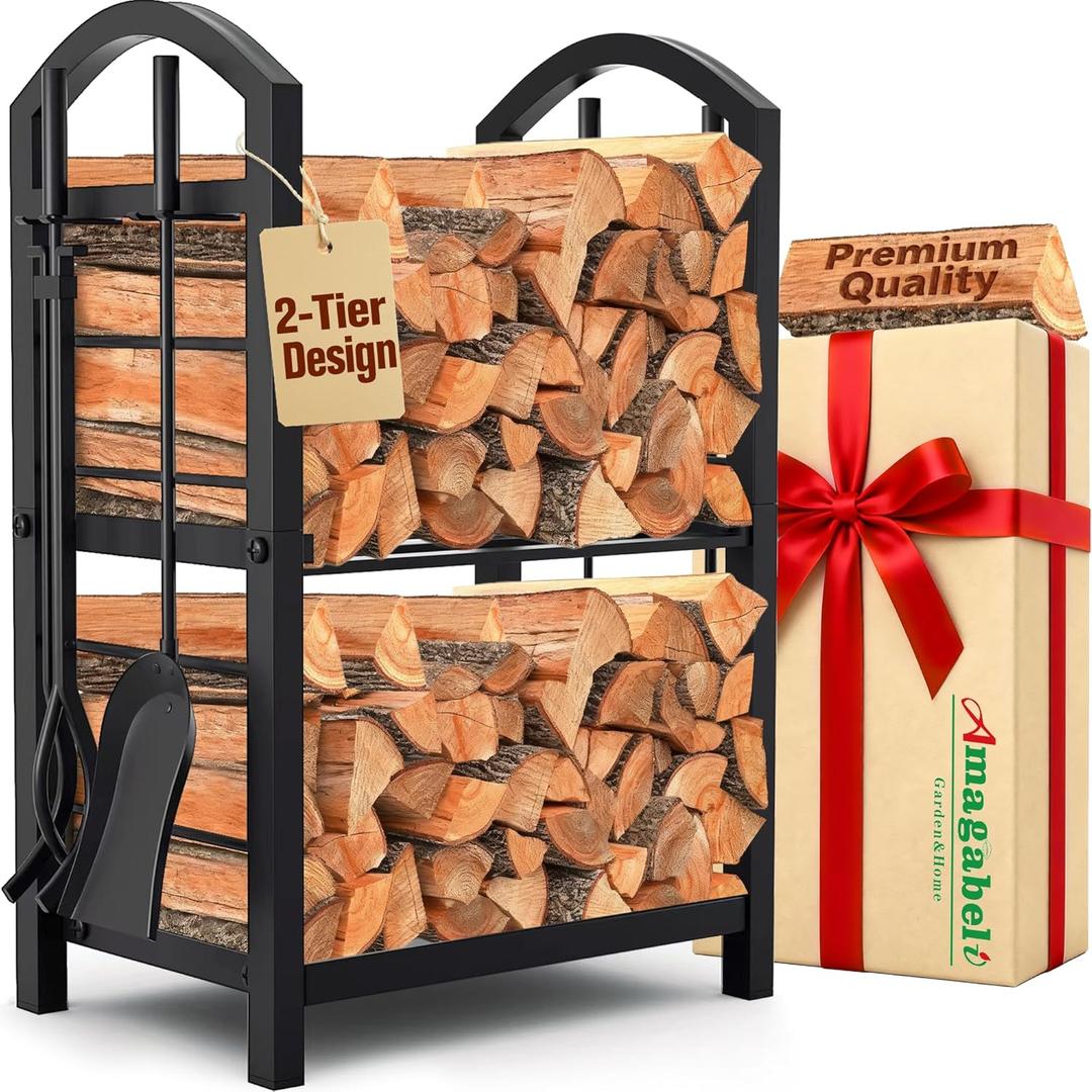 AMAGABELI GARDEN & HOME Firewood Rack Indoor with Tools 5-Piece Fireplace Tools Set Wood Holder Outdoor Wrought Iron Log Holder Firewood Storage Rack for Fireplace,Fire Pit,Wood Stove Black
