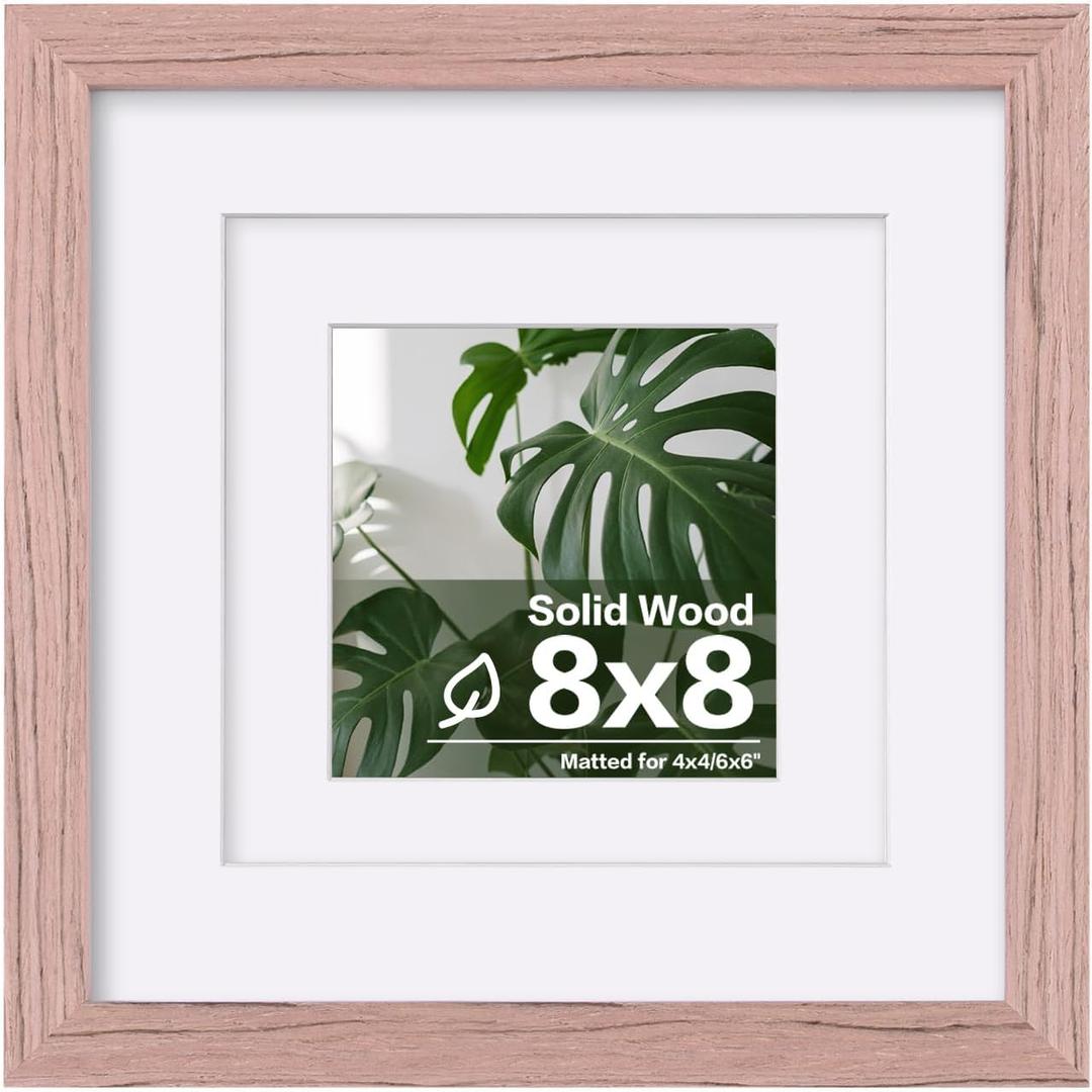 Egofine 8x8 Picture Frame Made of Solid Wood with Plexiglass, Display Pictures 4x4/6x6 with Mat or 8x8 Without Mat for Tabletop and Wall Mounting, Peach Pink