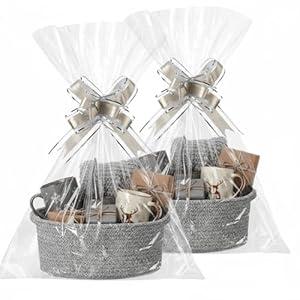 Colingmill 2 Pack Christmas Empty Basket Woven Gift Baskets Storage Empty Chest Decorative Box with Handles Ribbons Gift Bags for Christmas Birthday Thanksgiving Wedding Presents Package(Mix Gray)