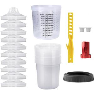 Disposable Paint Mixing Cup Kit,HVLP Paint Sprayer Gun Mixing Cups 20 Ounce (600ml) Kit with 10 Cups and Lids System, 2 Plugs and 1 Hard Cup with Retainer Ring, 1 Cup Adapter,Paint Stirrer (10)