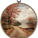 TLESKE Fall Forest Path Landscape Round Wall Art Decor Framed 10x10, Autumn Lake Canvas Wall Art Prints Artwork, Rustic Farmhouse Wall Hanging Room Door Decor Decorations for Bedroom Living Room