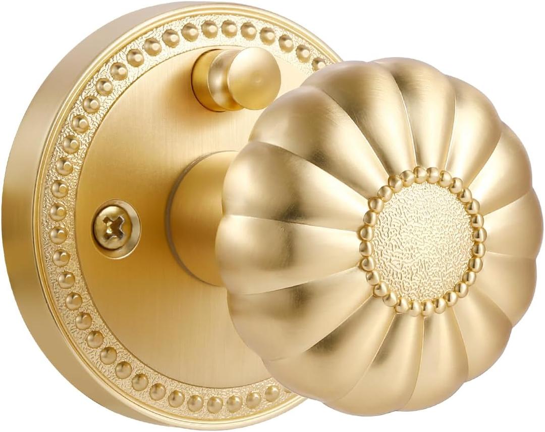 Gold Door Knobs Privacy Door Knob Satin Brass Door Knob Interior Brushed Gold Door Knobs for Bedroom and Bathroom, Zinc Alloy 1 Pack