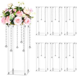 Yerliker 6 Sets High Wedding Flower Stand Acrylic Vase Wedding Centerpieces with Acrylic Hanging Crystals for Centerpieces and Small Plastic Ceiling Hooks for Birthday Party (20 Inch)