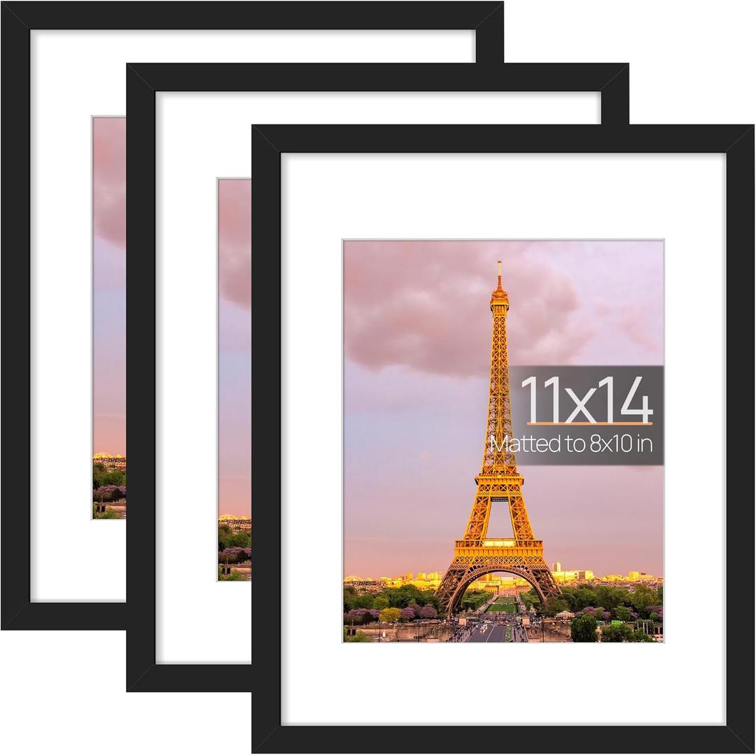 upsimples 11x14 Picture Frame Set of 3, Made of High Definition Glass for 8x10 with Mat or 11x14 Without Mat, Wall and Tabletop Display Photo Frames, Black upsimples 11x14 Picture Frame Set of 3, Made of High Definition Glass for 8x10 with Mat or 11x14 Without Mat, Wall and Tabletop Display Photo Frames, Black