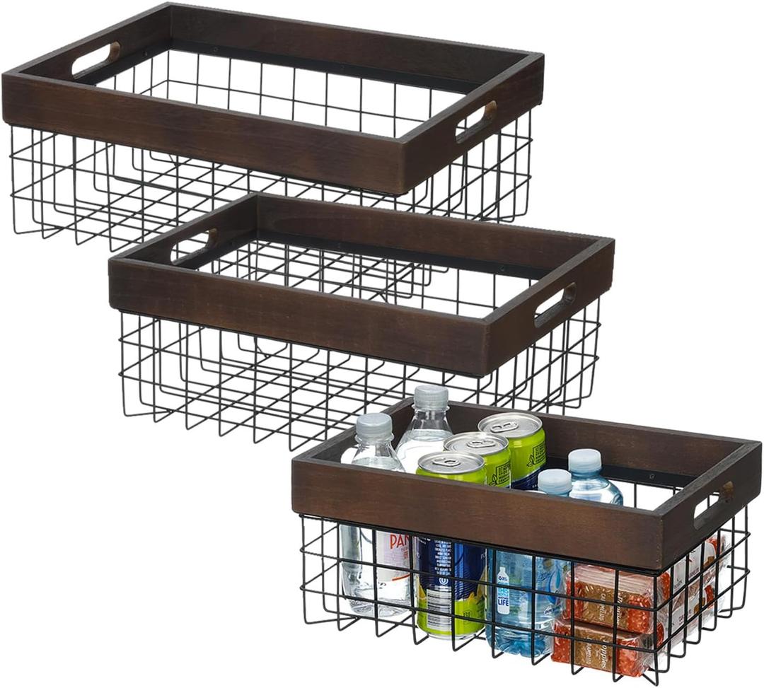 Set of 3 Metal Wire Baskets for Organizing Wood Top with Handles Storage Organizer Farmhouse Decor for Kitchen Cabinets Pantry Laundry Room Bathroom Closets Nesting Countertop Baskets (Chestnut Brown)