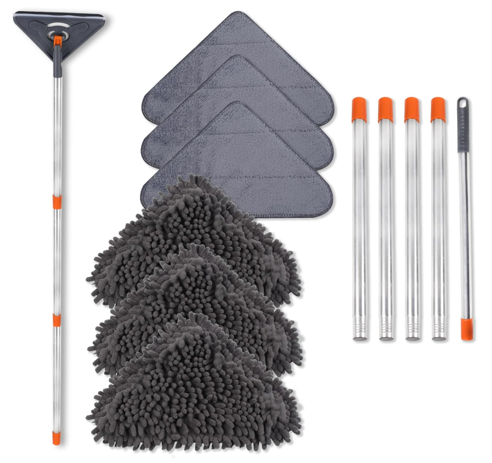 NWGOF Wall Cleaner Mop with 79 Inches Long Handle, 360° Wall Washer Cleaner Tool for Walls/Ceiling Fans/Dust/Baseboard/Floors Clean, Ceiling Cleaner Tool Duster with Squeegee 6 Replacement Pads