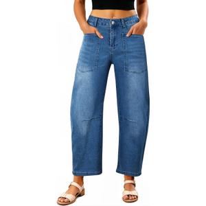 EVALESS Womens Baggy Barrel Jeans High Waisted Wide Leg Boyfriend Denim Ankle Pants (14, Navy Blue)