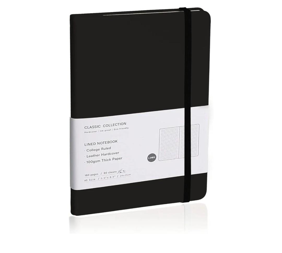 Lined Journal Notebook – Hardcover Notebook for Men & Women – Journals for Writing, Work, School, Home & Daily Notes, 160 Pages – Medium A5, 5.7"x8", 100 gsm Thick Paper (Black)