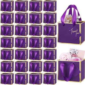 Yeaqee 50 Pcs Mini Metallic Foil Gift Bags with Handles 4x4.75x2.25'' Tiny Thank You Favor Bag Bulk with Tag for Back to School Wedding Baby Shower Birthday Summer Party(Purple, Gold)