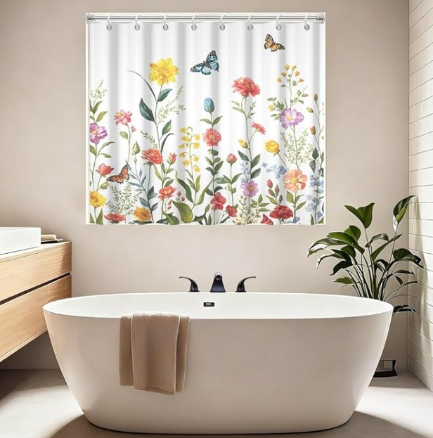 Leyiyi Short Shower Curtain, Colorful Wildflower Garden Flower Grass Butterfly Window Curtain