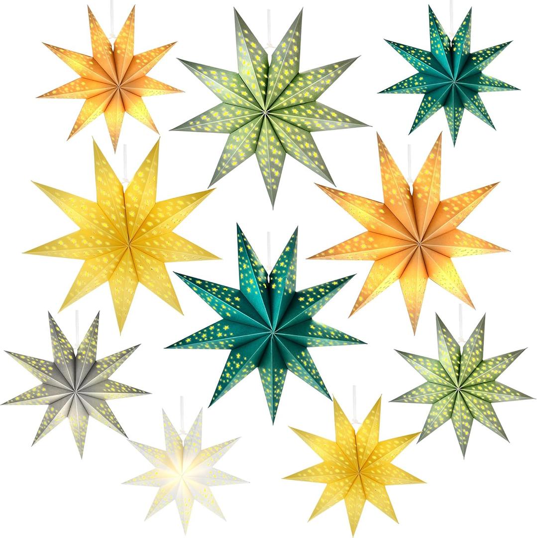 10 Pack 12 Inch 18 Inch Christmas 3D Paper Star 9 Pointed Hollow Light up Hanging Star Paper Lanterns Lampshade for Christmas Wedding Birthday Party Decor, 2 Sizes
