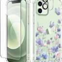 GVIEWIN for iPhone 12&iPhone 12 Pro Case Floral, with Screen Protector&Camera Lens Protector,[Non Yellowing] Soft Shockproof Clear Phone Protective Cover for Women, Flower Pattern 6.1"(Bloomwing/Blue)