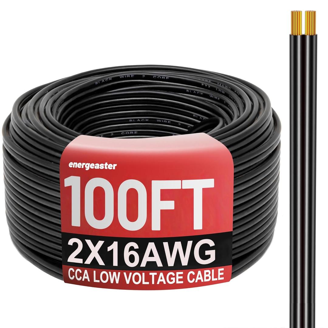 Energeaster 16 Gauge Wire 100FT, 2 Conductors Black Cable, Low Voltage 16 AWG Copper Clad Aluminum Extension Cord for Speaker Wire, LED, Automotive Cable 12V/24V DC