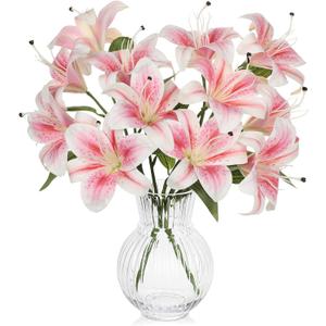 Hollyone 6 Heads Pink Artifical Lily Flowers 2Pcs Easter Lily Artificial Flowers Faux Stargazer Lilies Flower Arrangement Bouquets Fake Lilies Stem for Indoor Home Decor Table Office Party Decoration