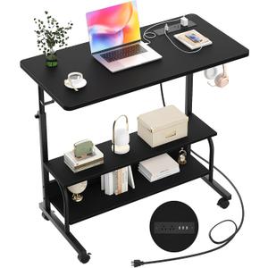 Armocity Rolling Standing Desk with Power Outlets, 32" Manual Height Adjustable Mobile Computer Desk with Wheels, Small Portable Sit Stand Laptop Couch Table for Bed & Sofa Home Office, Black