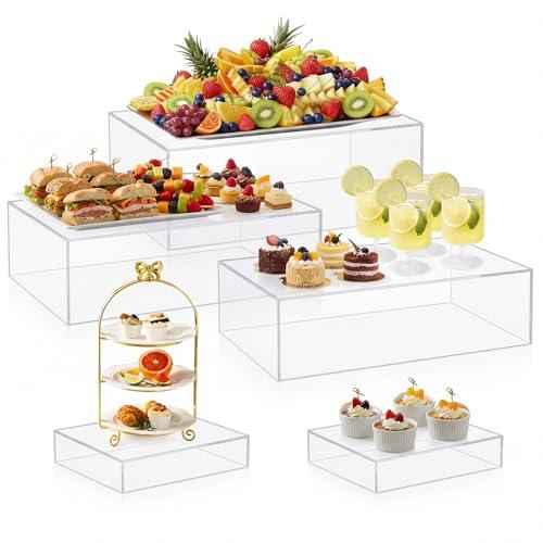 Leinuosen 5 Pcs Extra Large Buffet Risers Set 16 x 8.5 x 5 Inch Rectangle Acrylic Display Box Catering Dessert Table Riser Food Display Decorative Stand with Hollow Bottom for Catering (Clear)