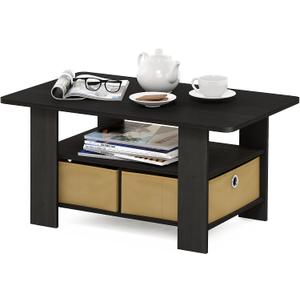Furinno Coffee Table with Bins, Espresso/Brown, Small Non-Lift Top