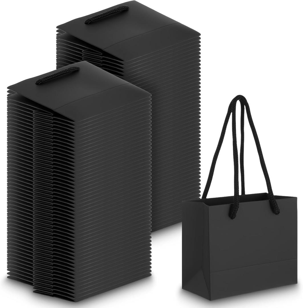 Xaajooio 100 Pcs Black Mini Gift Bags with Handles Bulk 3.9 x 4.7 x 2.4 Inch Small Paper Goodie Bags for Party Wedding Christmas Business Gift Wrapping Supplies