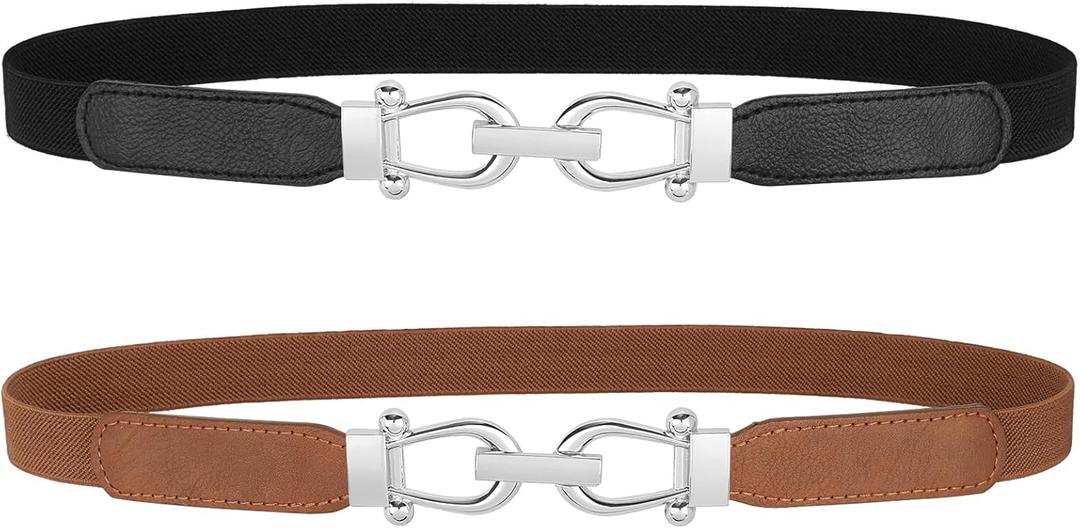 JASGOOD Women Skinny Elastic Belt for Dresses,Thin Retro Stretch Waist Belt with Golden Buckle (M Belt Length 31in,Up to 35in, A-black+brown(silver Buckle))