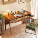 100% Solid Wood Writing Desk - 47.2" Mid Century Modern Desk, Home Office Desks with 2 Drawers and Storage Shelf, Small Computer Desks, Study Makeup Workstation for Bedroom/Living Room, Walnut