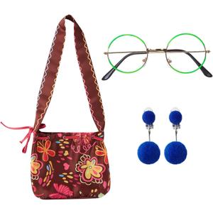 Green Glasses Round Metal Frame No Lens with Blue Pom Clip-on Earrings Purse Bag Dress Up Women Costume Accessories
