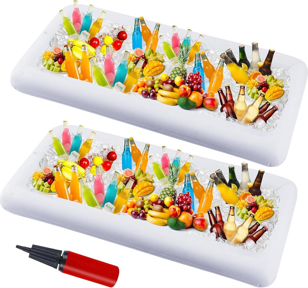 2 Packs Inflatable Ice Serving Trays, 51"x25"x4.5" Oversized PVC Inflatable Salad Serving Bars Ice Cooler with Drain Plug, Blow Up Food Drink Chilling Container for Buffet BBQ Pool Parties