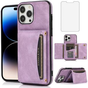 Design for iPhone 14 Pro Max Wallet Case with Tempered Glass Screen Protector PU Leather Credit Card Holder Slot Phone Cases Kickstand Shockproof Protective Cover for Women Men 6.7 inch Purple