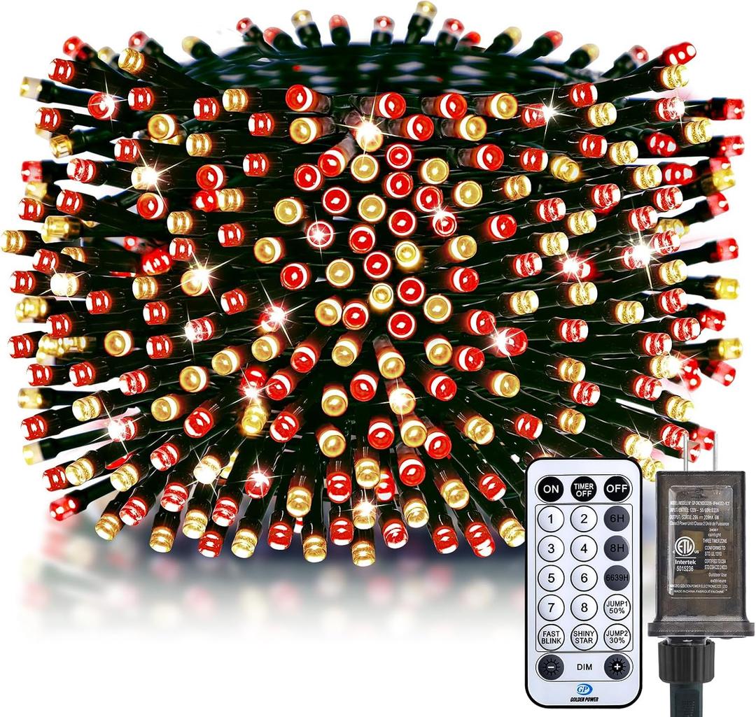 Minetom 50 Ft 1000 LED Cluster Lights Christmas Tree Lights Outdoor Christmas Firecrackers String Lights, 12 Modes Timer Remote Waterproof Plug in Twinkle Lights for Xmas Tree Party, Red  Warm White