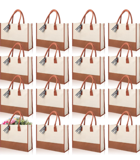 Reginary 12 Pack Canvas Tote Bags Initial Classic Present Personalized Canvas Beach Bag for Wedding, Birthday, Beach(Brown and White)