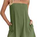 ReachMe Womens Strapless Short Rompers Off Shoulder One Piece Short Jumpsuits Summer Sleeveless Rompers with Pockets (Green, S)