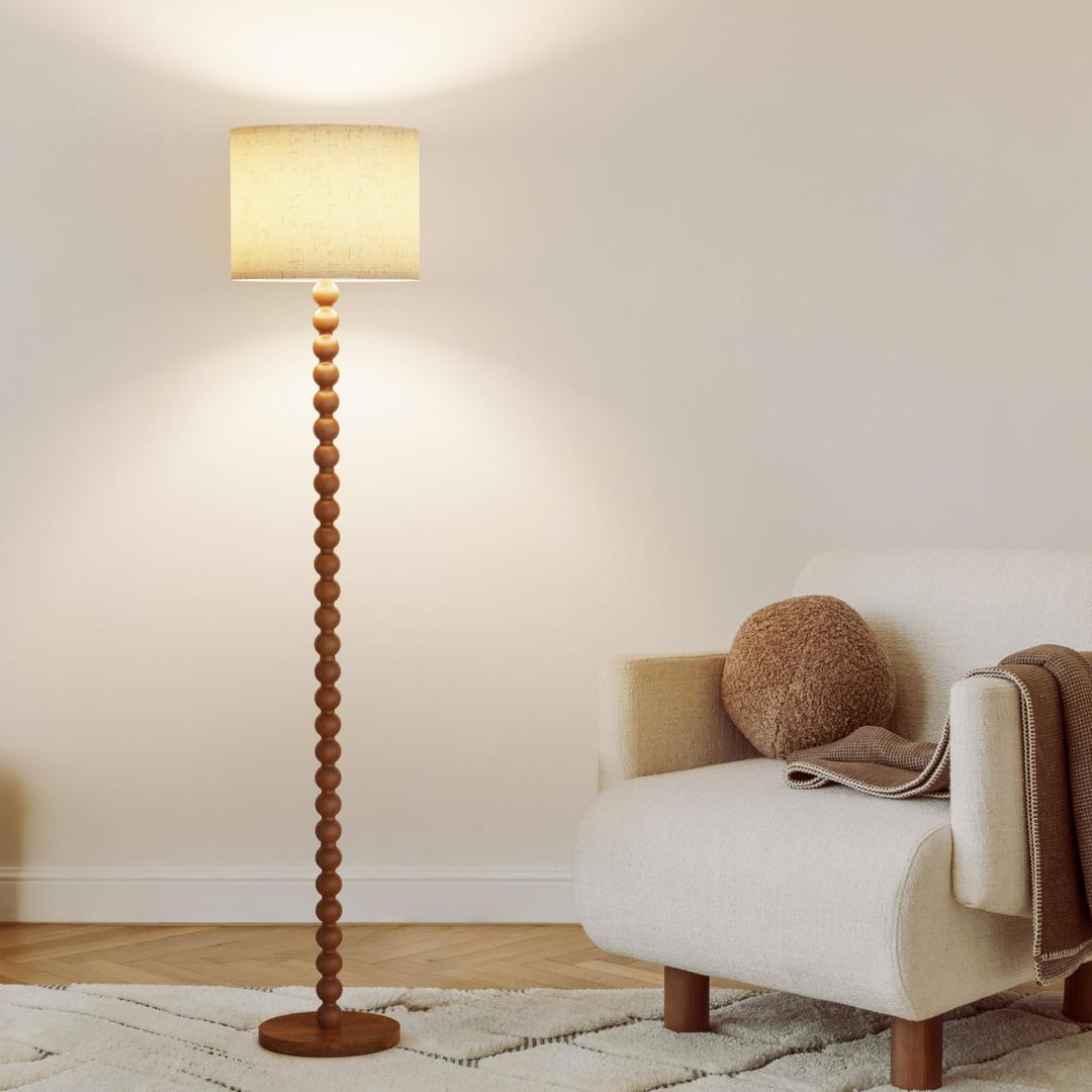63" tall floor lamp, Solid Wood Traditional Floor Lamp with Beaded Column, 3-Color Dimmable Bulb Included, Vintage Farmhouse Floor Lamp for Living Room, Corner, Nursery, Dining Room, Bedroom(Walnut)