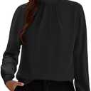 Funlingo Women's Long Sleeve Tops Dressy Casual Mock Neck Work Blouse Fall Trendy Front Pleated Tunic Chiffon Shirts L
