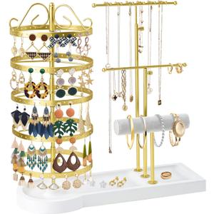 Jewelry Organizer Stand, Metal Rotating Earring Holder Organizer, Multi-Functional Adjustable Necklace Rack Holder Bracelet Watch Holder for Jewelry Earrings Ring (Gold) (Golden-White Wood)