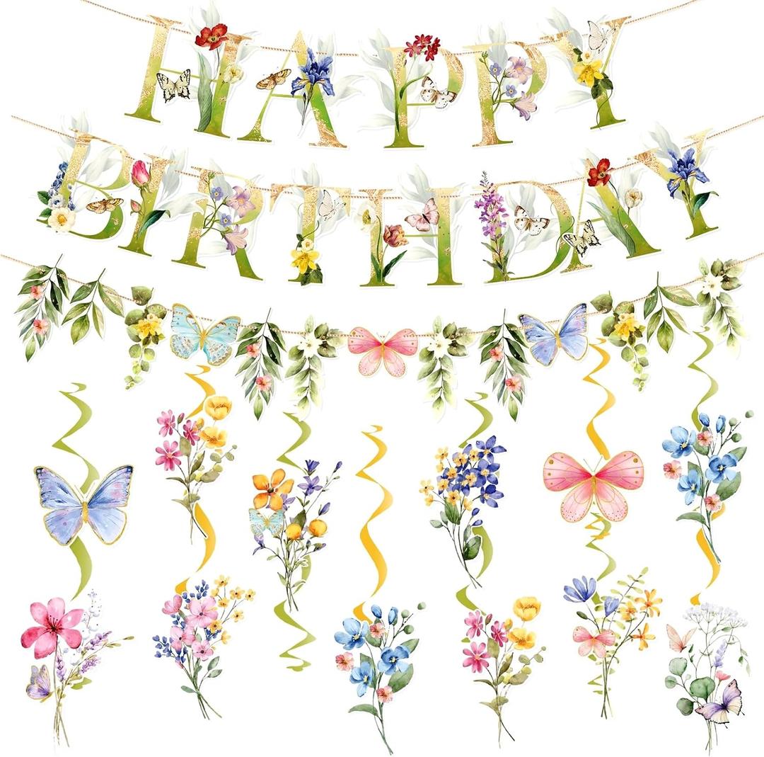 SUNBEAUTY Wildflowers Butterfly Birthday Decorations Garden Flower Happy Birthday Banner with Floral Hanging Swirls Wildflower Party Decorations for Women Girls Baby Shower Wedding Tea Party