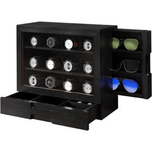 AUTOARK Wooden Watch Sunglass Display Case,12 Watch Box with Jewelry Drawer,Watch Eyeglass Holder with Window,Vertical Storage,Gift Idea,Black,AW-184