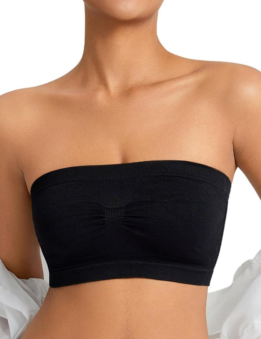 Women's Wireless Strapless Bandeau Bra Tube Top Unlined Bralette (Large, Black)