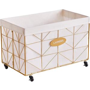 Mxfurhawa Laundry Hamper, 65L Collapsible Laundry Basket Large Capacity Metal Laundry Hamper with Removable Liner, Rolling Wheels and Collapsible Design for Storage and Organization (65L Rectangular) (65L-LB-Gold)