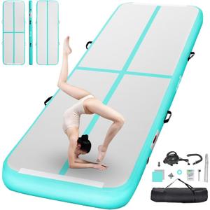 FBSPORT Inflatable Air Gymnastics Mat Training Mats 4/8 inches Thickness Gymnastics Tracks for Home Use/Training/Cheerleading/Yoga/Water with Pump (10ft*3.3ft*4in(3*1*0.1m), light green)