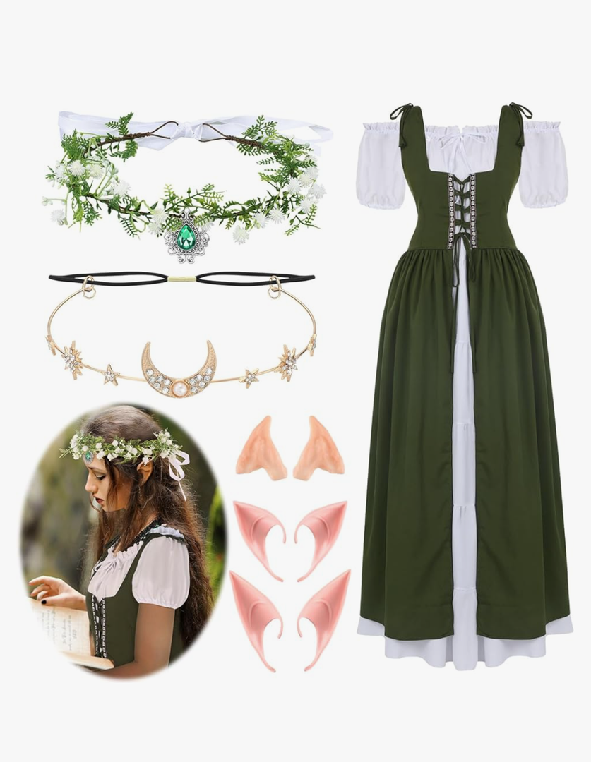 Bonuci Women Renaissance Costume Fairy Dress Medieval Costume with Elf Ears, Moon Head Chain and Woodland Fairy Crown
Size XS
