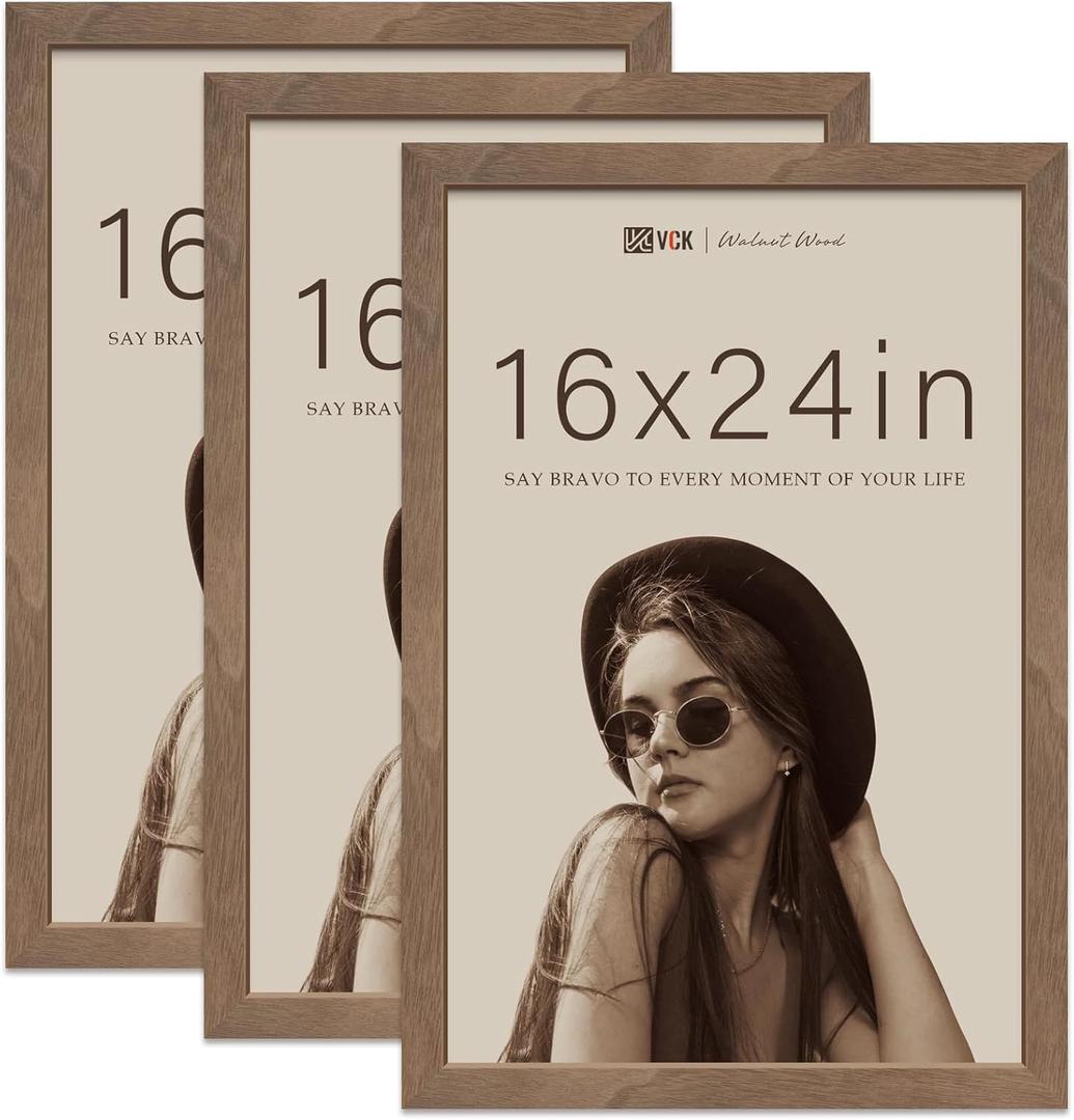 VCK 16x24 Poster Frame 3 Pack - Brown Walnut, Natural Textured Solid Wood Picture Frame, Wall Gallery Frame