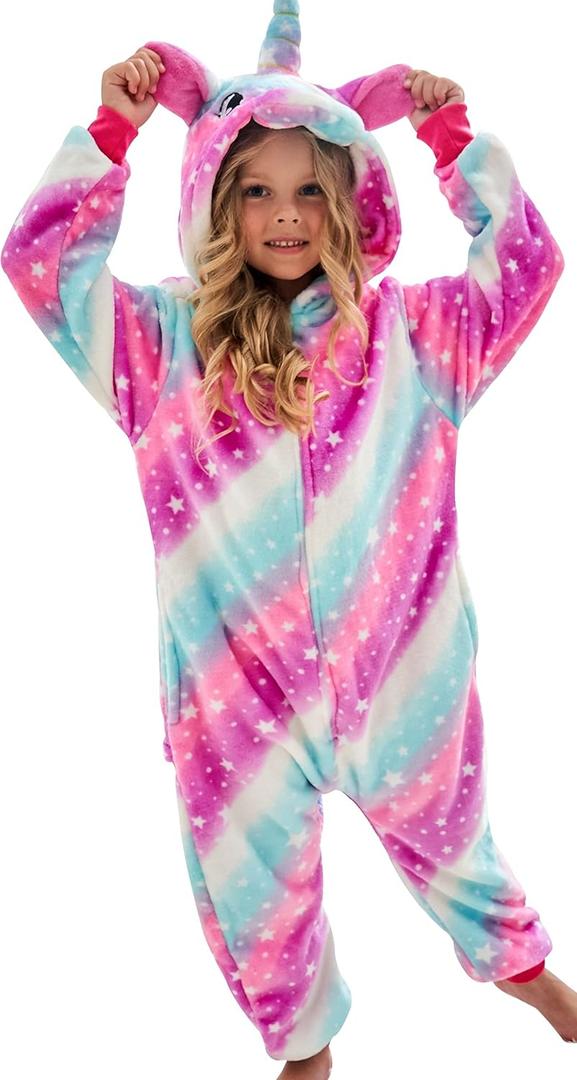 Girls Unicorn Onesie Hooded Animal Costume for Girls (7-8 Years, Oblique Stripe Starry Pink)