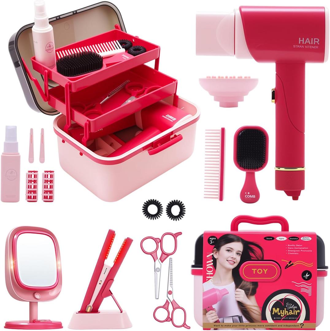 Hair Salon Toys for Girls 3-8,Pretend Hair Styling Set Barber Accessories Makeup Kit with Interactive Lights & Sounds,Educational Dress-Up Toy Vanities Birthday Gifts for Kids Ages 3,4,5,6,7,8
