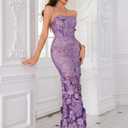 Women's 3D Floral Embroidery Dress Sheer Mesh Square Neck Lace Bodycon Party Cocktail Mini Dress (Purple, L)