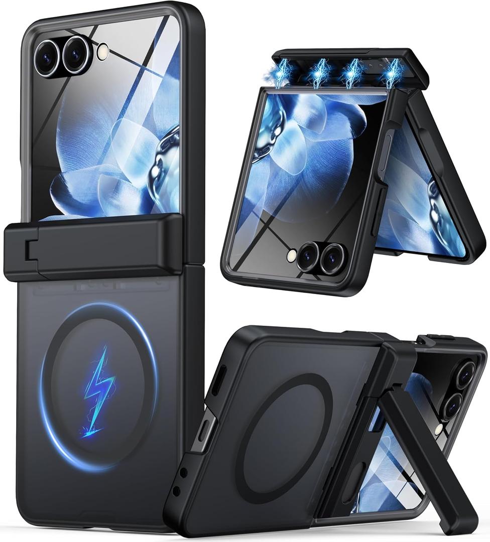 for Samsung Galaxy Z Flip 7 Case Fit for Magsafe [Hinge Protection Kickstand][Built-in Screen Protector][Translucent Matte] 15FT Military Shockproof Full Body Phone Case for Z Flip 7,Black